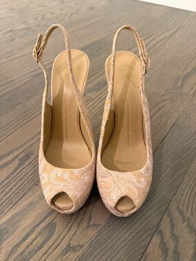 Giuseppe Zanotti Tan Lace Slingback Peep-Toe Heels